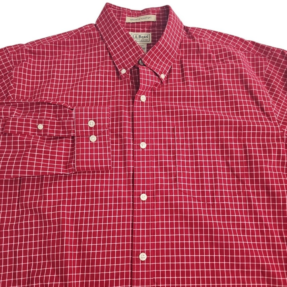 LL Bean L-REG Red Window Pane Check Long Sleeve Button‎ Down Shirt 100% Cotton